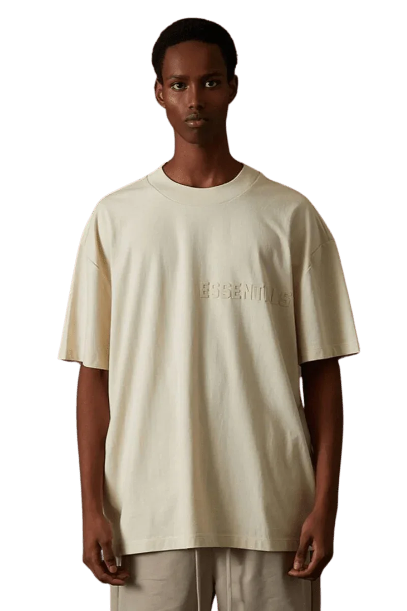 Fear Of God Essentials FW22 Flock Logo Tee in Cream Color with Relaxed Fit and Minimalist Design