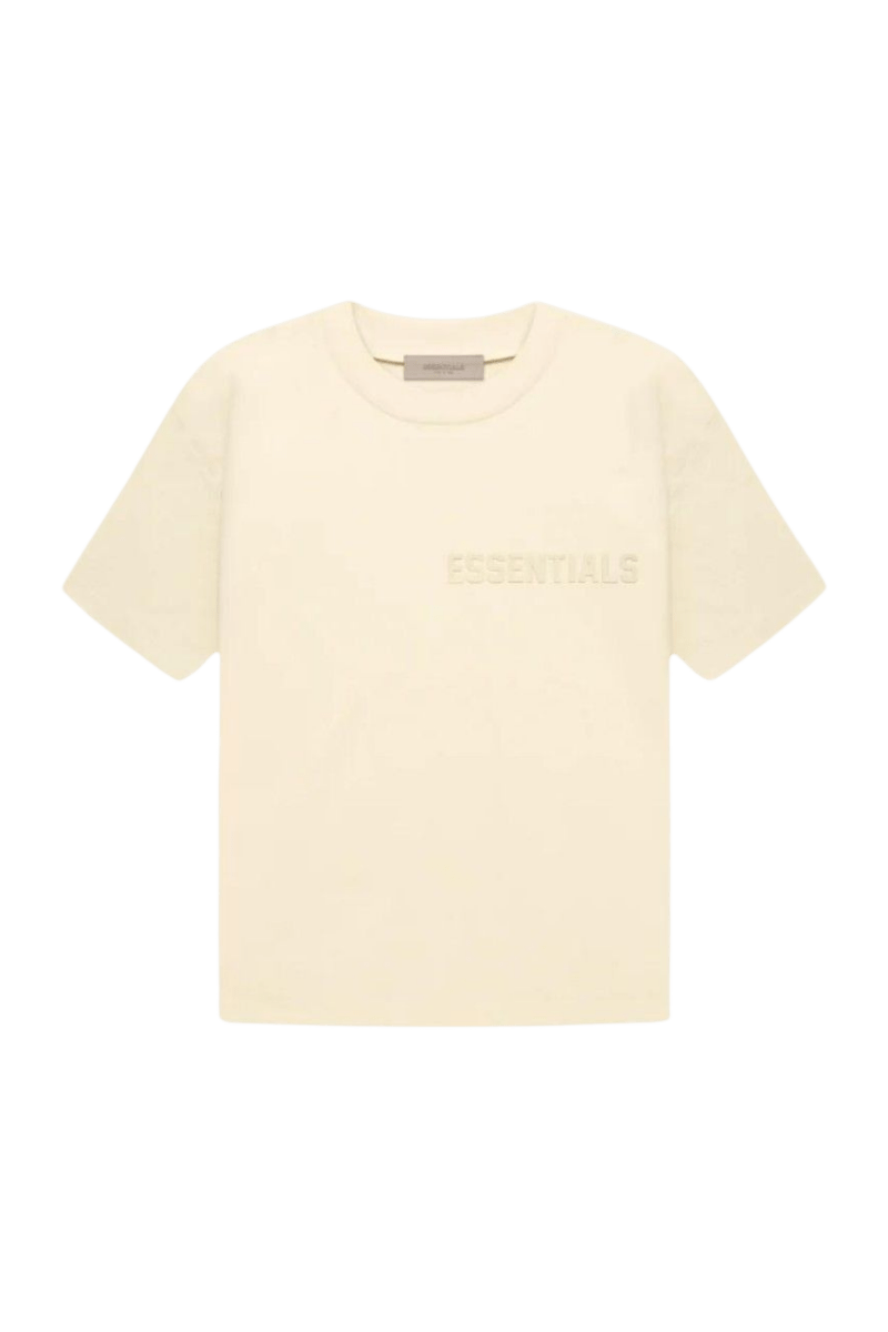 Fear Of God Essentials FW22 Flock Logo Tee in cream with subtle logo detailing on chest