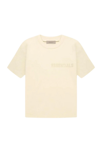 Fear Of God Essentials FW22 Flock Logo Tee in cream with subtle logo detailing on chest