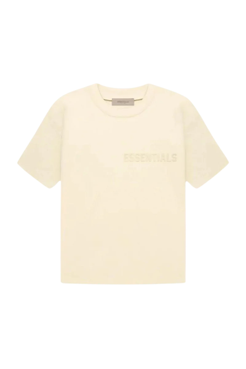 Fear Of God Essentials FW22 Flock Logo Tee in cream with subtle logo detailing on chest