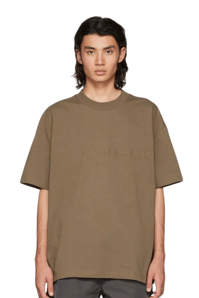 Fear Of God Essentials FW22 Flock Logo Tee in earth tone with oversized fit for modern style