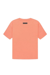 Back view of Fear Of God Essentials FW22 Flock Logo Tee in soft pastel orange color
