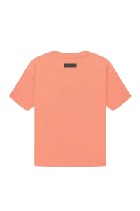Back view of Fear Of God Essentials FW22 Flock Logo Tee in soft pastel orange color