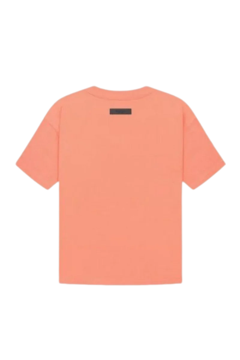 Back view of Fear Of God Essentials FW22 Flock Logo Tee in soft pastel orange color