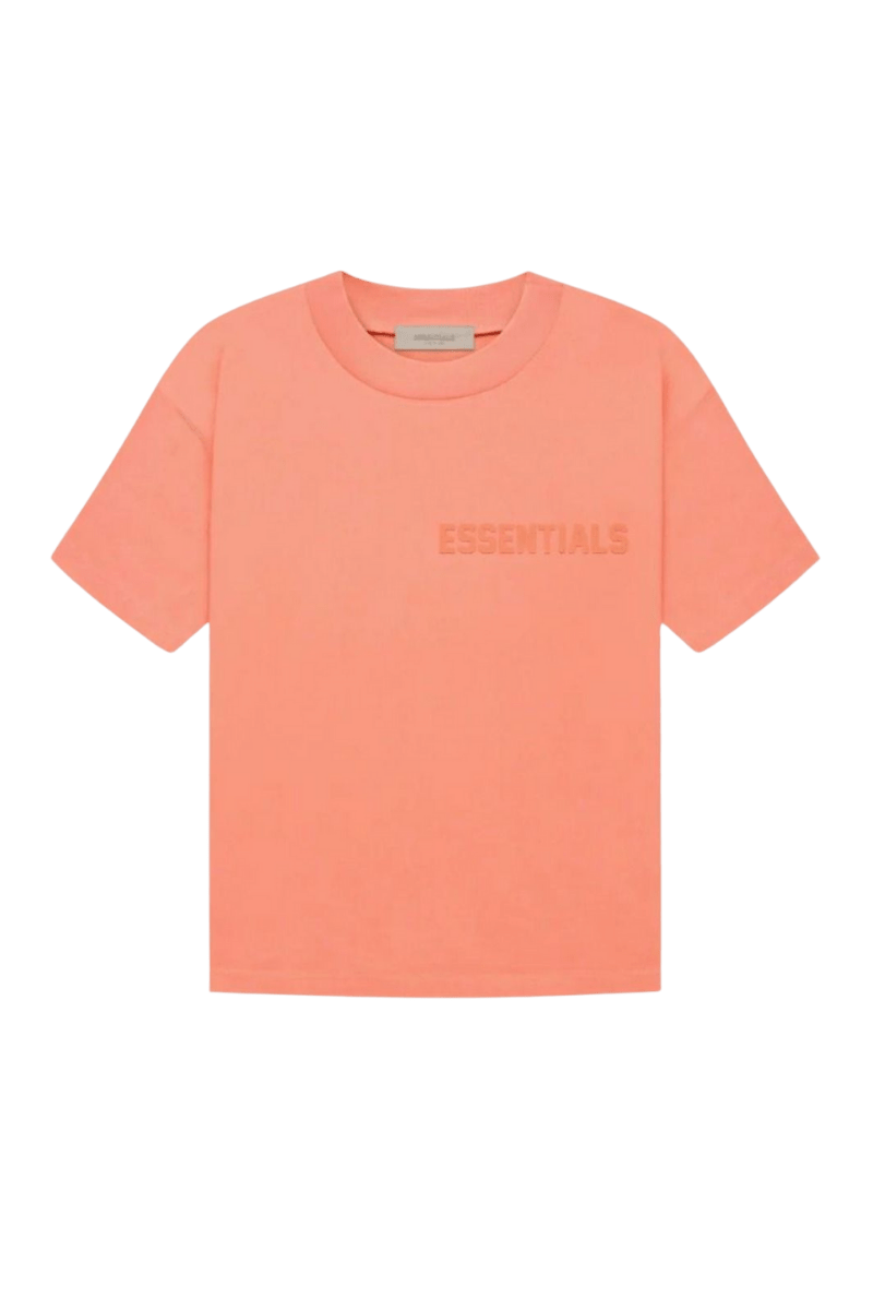Fear Of God Essentials FW22 Flock Logo Tee in soft peach with minimalist design