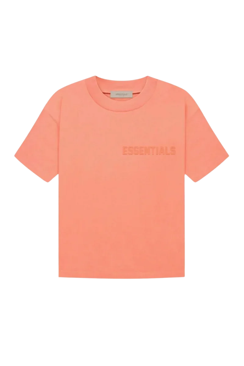 Fear Of God Essentials FW22 Flock Logo Tee in soft peach with minimalist design
