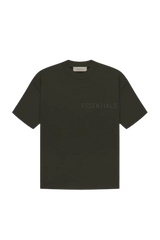 Fear Of God Essentials SS23 Rubber Embossed Tee in olive green with subtle embossed lettering