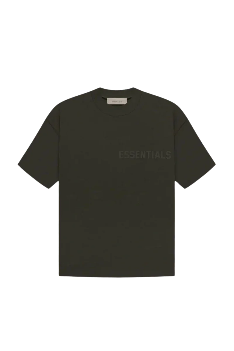 Fear Of God Essentials SS23 Rubber Embossed Tee in olive green with subtle embossed lettering