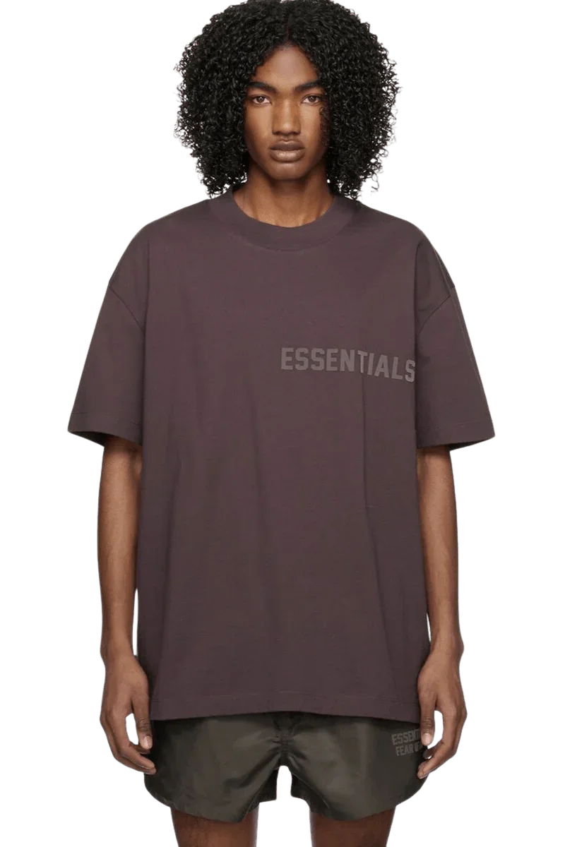 Fear Of God Essentials SS23 Rubber Embossed Tee in dark color with oversized fit and logo detail
