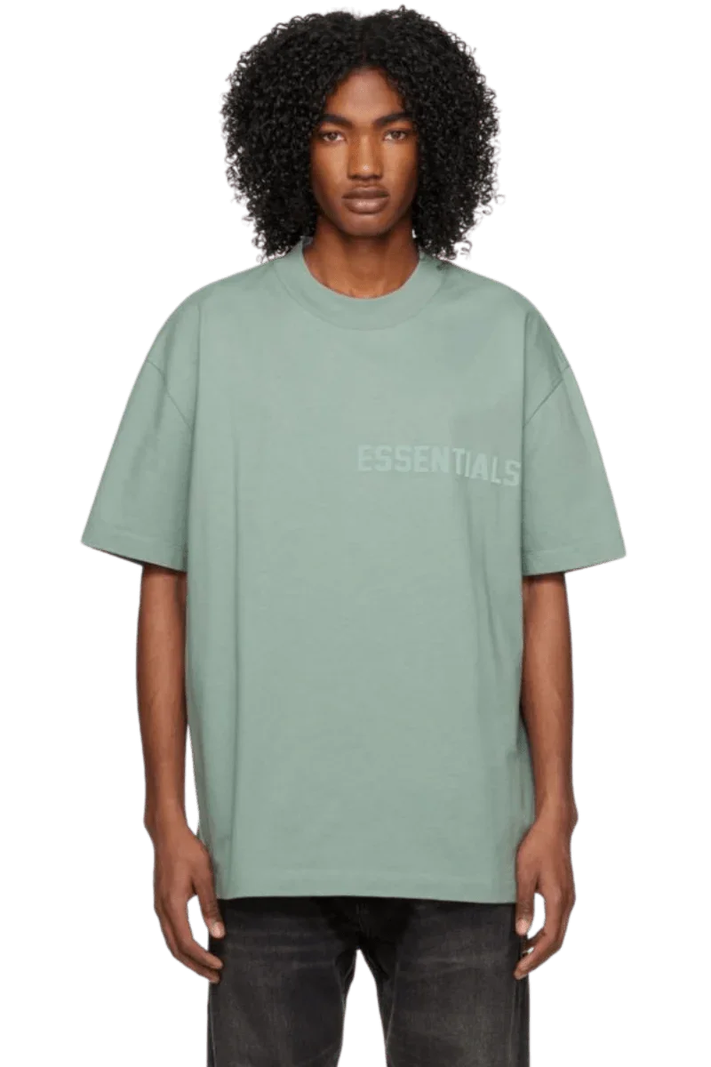 Fear Of God Essentials SS23 Rubber Embossed Tee in mint green with a relaxed fit and ESSENTIALS logo